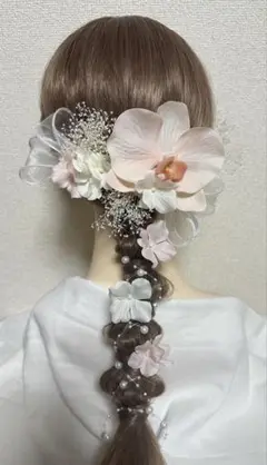 胡蝶蘭髪飾り　ヘッドドレス　成人式　結婚式　卒業式　前撮り　ピンク　リボン