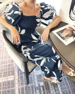 花柄ワンショルダー★ハイウエストカジュアル✭ワイドレッグジャンプスーツ　薄地