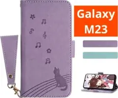 Galaxy M23 5G ケース　手帳型　猫　音符　パープル