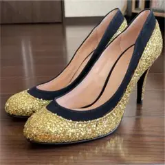 【美品】DIANAダイアナ スパンコール パンプス/GOLD 24.5cm