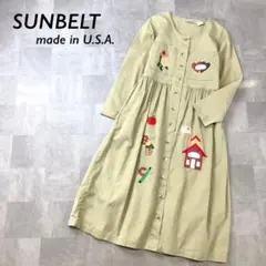 美品 USA製 SUNBELT アップリケ コットン ロング ワンピース カーキ