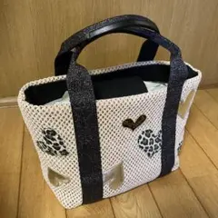 【極美品】ハートとヒョウ柄の編み込みトートバッグ　ベージュ色