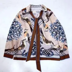 ヴィンテージ レトロ ボウタイ ブラウス 総柄 花柄 鳥 ベージュ L