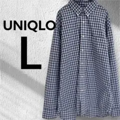 美品 ユニクロ ブロードシャツ チェック 長袖 柄 綿 L ブルー