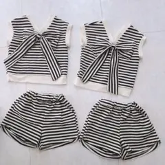 双子　セットアップ　トップス　ショートパンツ　リボン　ボーダー　夏