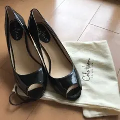 Cole Haan 黒 エナメル オープントゥ ハイヒール