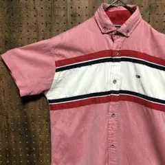 トミーヒルフィガー　半袖　シャツ　ピンク　白　M　SMA443