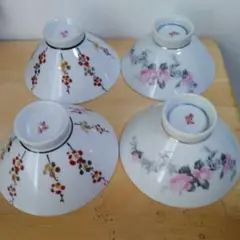 ★九谷焼[市陶苑]昭和レトロ茶碗(梅、薔薇)4客セット未使用