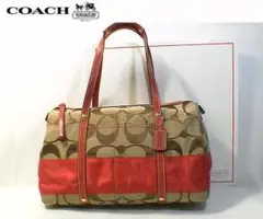 ★美品!★COACH コーチ★シグネチャー柄ストライプドハンドバッグ■チャーム付