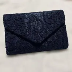 ネイビー レース クラッチバッグ チェーンストラップ