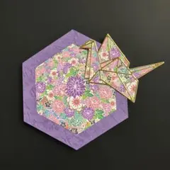 手作りカード　紫　二つ折り　六角形　敬老の日　お祝　鶴亀