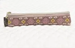 大人可愛い　ペンケース　ヌビ　スリムペンケース　筆箱　インド刺繍リボン　ピンク