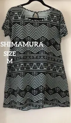 【未使用に近い】【シマムラ】ジグザグ柄 半袖チュニック ブラウンと水色