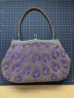 ビーズ刺繍バッグ　和装　洋装　ハンドバッグ　レトロ　紫色　あずき色　くすみピンク