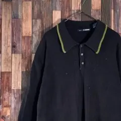 ヴィンテージ 古着 ニット セーター 襟 シャツ 黒 緑 シンプル L