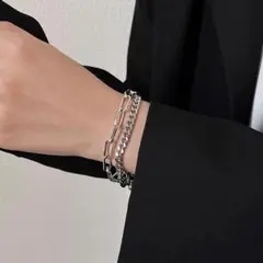 【人気商品】ユニセックス　シルバー　ブレスレット　ダブル　チェーン　シンプル