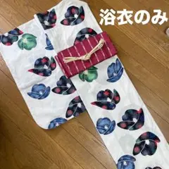 手縫い　浴衣　昭和レトロ　大人浴衣　白色　椿柄　注染め　リメイク用浴衣　藍染