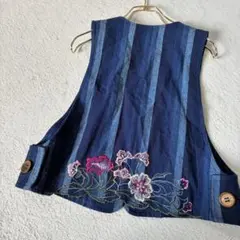 儀右エ門　ギエモン　刺繍　ネイビー　ストライプ　ベスト サイズ11 L 花柄