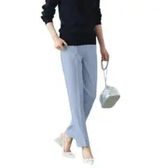 レディース クロップドパンツ ストレッチ スーツパンツ ライトブルー L