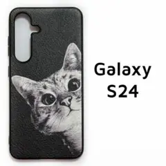 Galaxy S24 レザー調 黒 猫 カバー