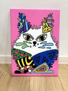 カラフルな手書きアートイラスト　キャンバス　絵画　猫　動物