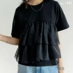 オーガンジー ドッキング 半袖 Tシャツ ブラック フリル トップス