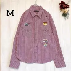 Yシャツ カジュアル 刺繍パッチ ギンガムチェックコットン100% M