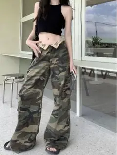 カモフラ柄カジュアルパンツ❤️折り返しデザイン可愛い普段着デート用