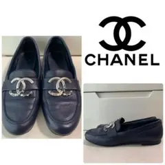 CHANEL ネイビーレザー ココマーク ローファー