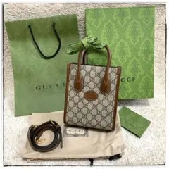 新品 GUCCI グッチ インターロッキング ミニトートGG ブラウン レザー