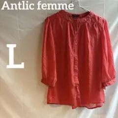 美品【L】Antlic femme コーラルピンクブラウス 五分袖　羽織カーデ