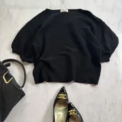 オペークドットクリップ　半袖 サマーニットトップス　Ｍ　黒　カーブスリーブ