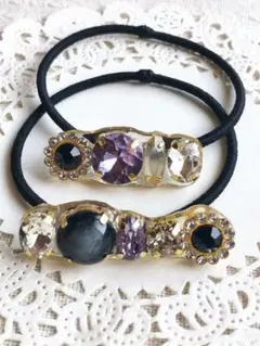 ガラスビジュー ブラック系 ヘアゴム 2個セット