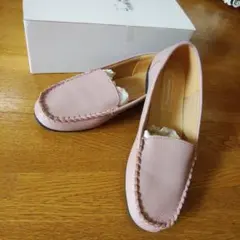 ピンク レザー ローファー モカシンシューズ23.5cm。