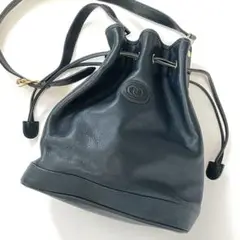 GUCCI グッチ 巾着ショルダー バッグ 紺 ネイビー シボ ワンショルダー