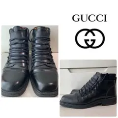 GUCCI ブラックレザー レースアップ ショートブーツ