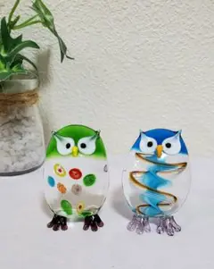 ガラス　フクロウ　置物【未使用品】ふくろう　花柄　ライン