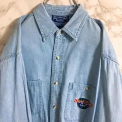 ハードロックカフェ　ワンポイント刺繍　シャンブレーシャツ　ライトブルー　Ｍ