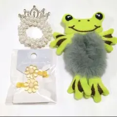 【新品未使用】ヘアゴム ヘアクリップ ピン カエル 王冠 花 アクセサリー 3点
