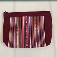 ストライプ刺繍ポーチ バーガンディ