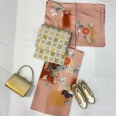 【1045】着物 袷 訪問着 ピンク 正絹 単品販売♪ ~153.5cm