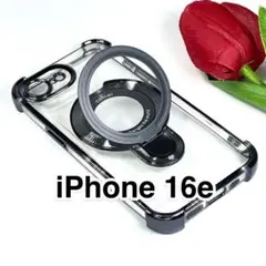 iPhone16eケース 耐衝撃フレーム薄型軽量リングスタンドMagsafe 黒
