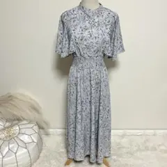 abc une face ケープ袖ワンピース 花柄 ロングワンピ グレー系 M