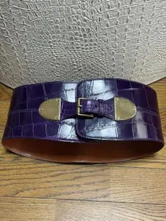 ラルフローレン紫ワニ革コルセット金ベルト極太アリゲーター小物クロコダイル鰐クロコ