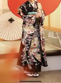 成人式 振袖一式フルセット ラメ 黒 花 薔薇