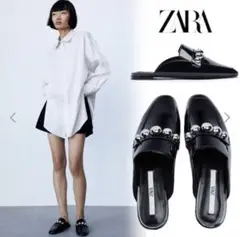 新品 ZARA ローファースタッズミュール サンダル エナメル フラットシューズ