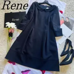 【美品】Rene お上品ワンピース 膝丈 襟 ネイビー フレア 七分袖 38