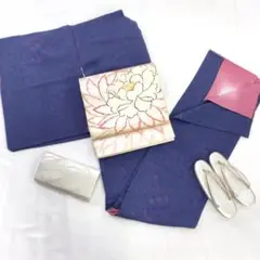 【2390】着物 小紋 正絹 袷 菊 楓 紺 単品販売♪
