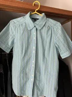 Lands' End 半袖シャツ M 青系ストライプ