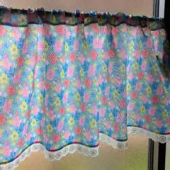 カフェカーテン　カラフル花柄×綿デザインレース　99×46cmエメラルドグリーン
